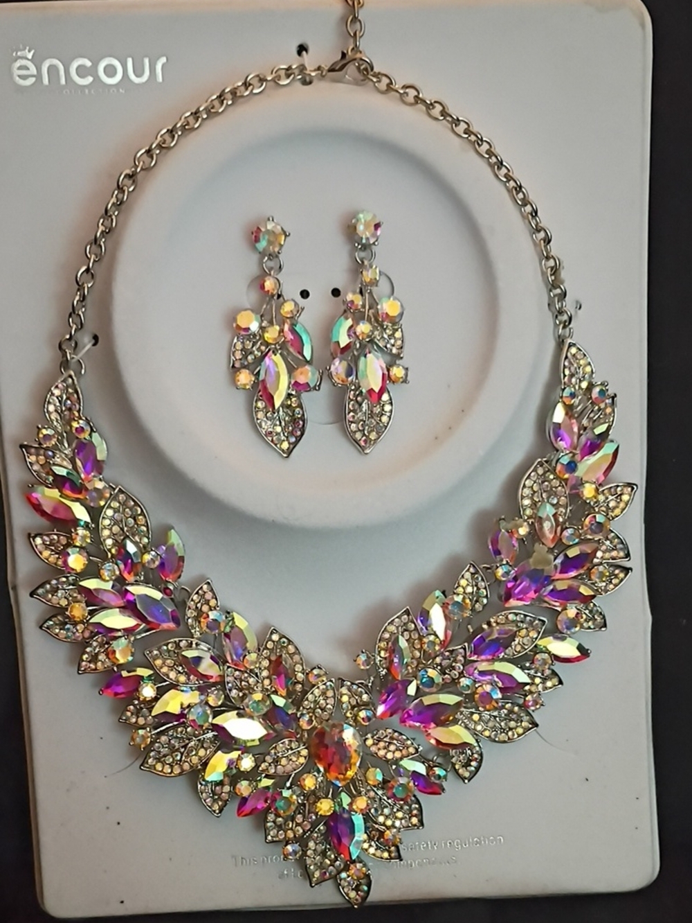 Multicolor Iridescent Crystal Statement Necklace & Earrings